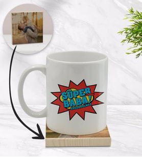 BK Gift Kişiye Özel Süper Baba Tasarımlı Beyaz Kupa Bardak ve Ahşap Bardak Altlığı Hediye Seti - Model 2