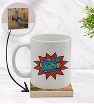BK Gift Kişiye Özel Süper Baba Tasarımlı Beyaz Kupa Bardak ve Ahşap Bardak Altlığı Hediye Seti - Model 2
