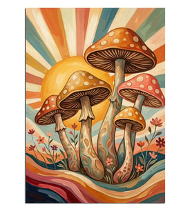 Güneşli Mantarlar Psychedelic Renkli Tablo Dekoratif Kanvas - Mdf Ahşap Tablo