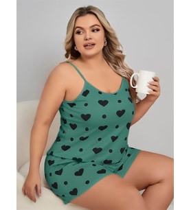 Amora Secret Büyük Beden Yeşil Kalp Desen Pamuklu Şortlu Pijama Takımı