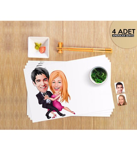 BK Gift Kişiye Özel Sevgililer Karikatürlü 4 Adet Amerikan Servis Seti-13 (Beyaz)