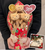 Yılbaşı Hediyesi Buket Seni Seviyorum Temalı Büyük Boy Kahve Peluş Ayıcık Buketi (Kırmızı)