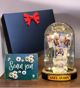 Kişiye Özel İsimli ve 3 Fotoğraflı Led Işıklı Fanus, Siyah Hediye Kutusunda (Model 2)