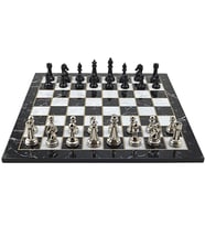 GiftHome Premium Black Metal Klasik Satranç Takımı ve Katlanır Mermer Desenli MDF Tahtası (43X43 cm.)