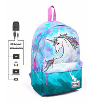 Coral High Mavi Yeşil Unicorn Desenli Sırt Çantası - Okul ve Günlük - USB+AUX Soketli