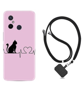Xiaomi Redmi 12C Kılıf Resimli Boyun Askılı İpli Desenli Silikon Pink Cat Heart 1303