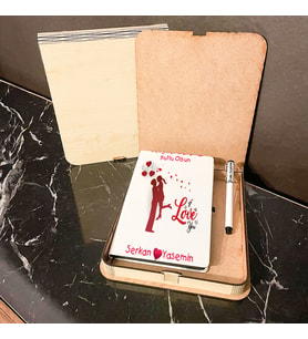 Sevgililer Günü Hediyesi Ahşap Kutulu Defter Kalem Set 018