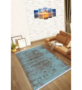 Mavi Modern Dokuma Pamuk Tabanlı Kaymaz Kilim KLM012