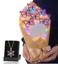 Renkli Led Işıklı Aynalı Kelebek Buketi ve Gerçek Ametist Taşlı Lotus Kolye (Beyaz)