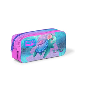Coral High Kids Açık Pembe Mavi Kaplumbağa Desenli İki Bölmeli Kalem Çantası 12061