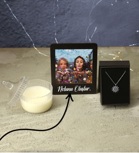 Kişiye Özel İnstagram Çerçeve & Gümüş Yıldız Model Zirkon Kolye & Dekoratif Kapaklı Beyaz Mum Hediye Seti