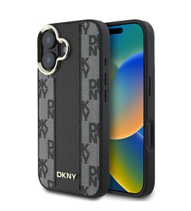 Apple iPhone 16 Plus Uyumlu Kılıf DKNY Orjinal Lisanslı M-safe Şarj Özellikli 3D Yazılı Checkered Pattern Kapak (Siyah)