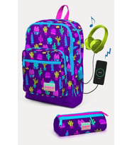 Coral High Kids Mor Pembe Kaktüs Desenli USB'li 2'li Okul Çanta Seti - Kız Çocuk