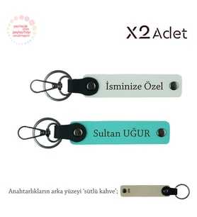 Kız Kardeşe Anlamlı Hediye, İsim Yazılı 2’li Anahtarlık Seti, Beyaz-Turkuaz-Sütlü Kahve