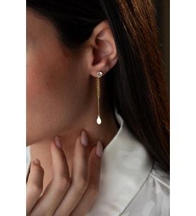 925 Ayar Gümüş Gold Kaplama 5 Mm Tektaş Sallantılı Zincir Sade Damla Model Küpe