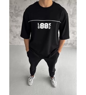 Unisex Bisiklet Yaka Baskılı Oversize T-Shirt - Siyah