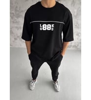 Unisex Bisiklet Yaka Baskılı Oversize T-Shirt - Siyah