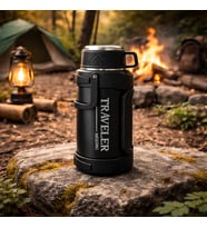 1600 Ml Çift Katmanlı Vakumlu Çelik Termos Taşıma Saplı Sızdırmaz Outdoor Büyük Boy (Ekru-Siyah)