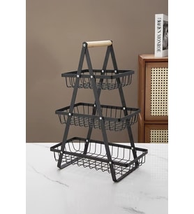 3 Katlı Siyah Metal Sepet Meyvelik Ahşap Saplı Organizer Katlı Mutfak Sunum Standı