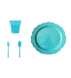 Omeyva 26 Cm. Plastik Mika Turkuaz Sorfa Piknik Seti - 24 Kişilik Tabak Bardak Çatal Kaşık Takımı