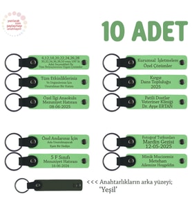 Hayır Davetinde Dağıtılmak Üzere, 10'lu Set, İsme Özel Hediyelik Deri Anahtarlık, F Yeşil & Yeşil (Fıstık Yeşili)
