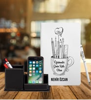 Öğretmenler Gününe Özel Deri Defter & Roller Kalem & Ahşap Mdf Kalemlik 845