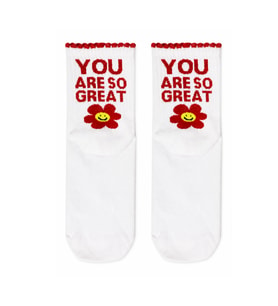 You Are So Great Yazılı Çiçek Desenli Beyaz Yarım Konç Kısa Çorap