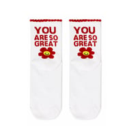 You Are So Great Yazılı Çiçek Desenli Beyaz Yarım Konç Kısa Çorap