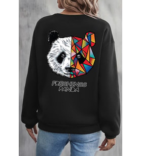 Unisex Panda Baskılı Bisiklet Yaka Sweatshirt (Siyah)
