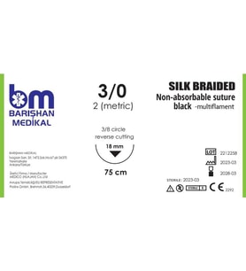 MikroTurCU Tekli Dikiş İğne İplik İpek 3/0 Ters Keskin 3/8 18mm 75cm  Tek İğne Mikrocerrahi Eğitim Materyali
