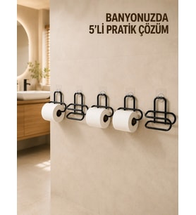 5 Adet Duvara Yapışkanlı WC Kağıtlık Delmeden Montaj Siyah Metal Tuvalet Kağıdı Askısı
