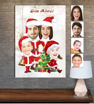 Kişiye Özel Karikatür Baskılı Ahşap Tablo Yılbaşı Aile-5 30x40