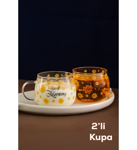 Porsima 2089 2li Borosilikat Isıya Ateşe Dayanıklı Cam Kulplu Çay Bardağı Kahve Bardak Kupa Sarı 400 ml