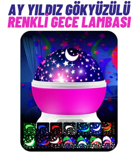 360° Dönen Projeksiyon Renkli Işıklı Gece Lambası Ay ve Yıldızlı Gökyüzü Yansıtmalı (Pembe)