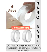 Ultra Güçlü Esnek Kesilebilir Kolay Kullanım Estetik Çift Taraflı Nano Şeffaf Bant 3 CmX2 Metre 4 Ad
