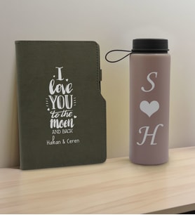 BK Gift Sevgiliye Özel İsimli Gri Termo Defter ve Gri Cam Matara Hediye Seti-2, Sevgiliye Hediye, Sevgililer Günü, Yeni İş Hediyesi