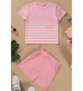 Çizgili Garnili Cepli Pembe Tshirt Şort Takım