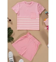 Çizgili Garnili Cepli Pembe Tshirt Şort Takım