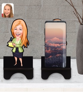 BK Gift Kişiye Özel Kadın Asistan Karikatürlü Ahşap Biblo Telefon Standı-2