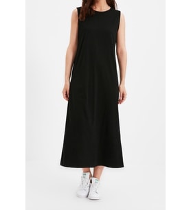 Yeni Regular Casual Günlük Süprem Örme Bisiklet Yaka Kolsuz Kol Basic Maxi Boy Tesettür Elbise
