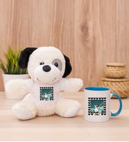 Kişiye Özel Kalp Detaylı Fotoğraflı  Peluş Köpek ve Mavi Kupa