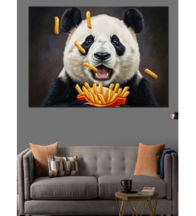 Patates Kızartması Yiyen Komik Panda Dekoratif Kanvas - Mdf Ahşap Tablo