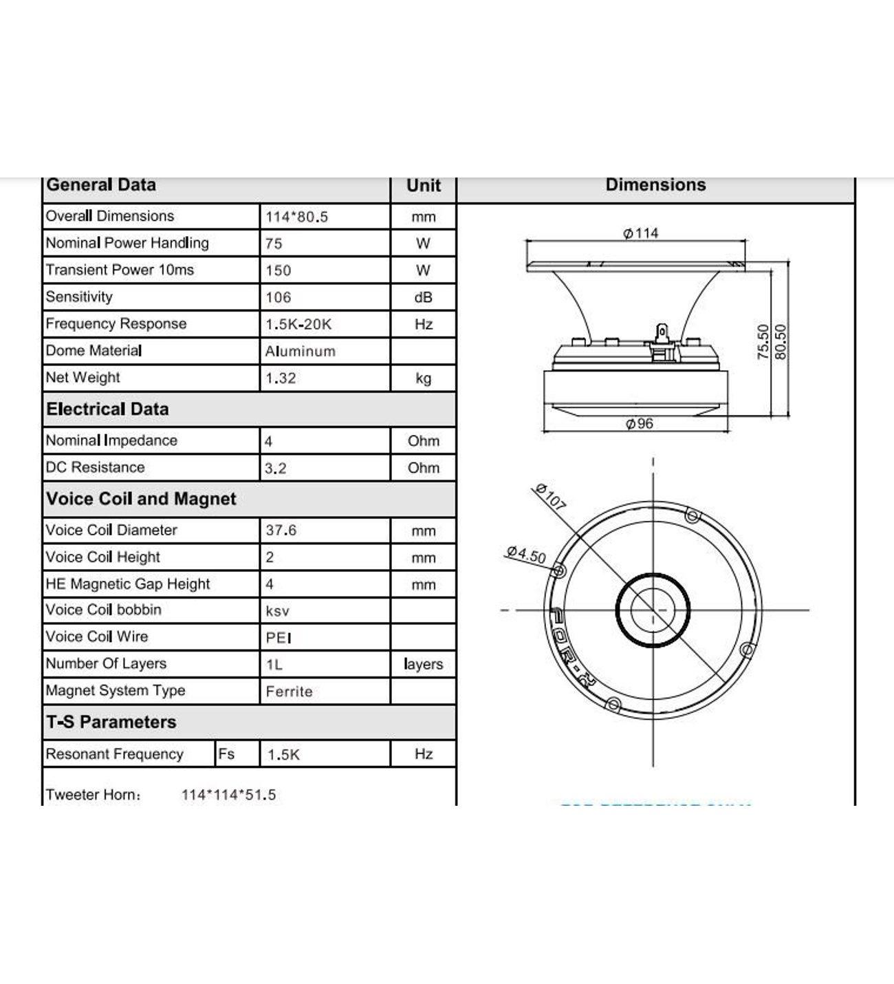 For-x TX-80F Profesyonel Dome Tweeter 11,4 CM 75W RMS 150W