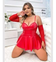 Intive Curvy Büyük Beden Deri Görünümlü Eldivenli Mini Gecelik (2XL/3XL) (Kırmızı)