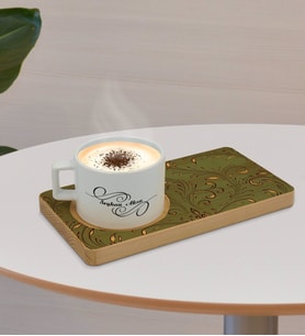 BK Gift Kişiye Özel Retro Motif Tasarımlı Doğal Ahşap Tabaklı Seramik Fincan Sunum Seti  Model 4
