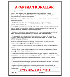 Apartman Kuralları 30x42 cm Pvc Kaplı Afiş