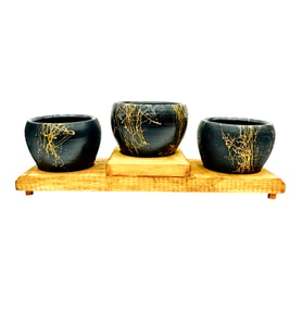 Bitkitasarımı Ev dekorasyon Siyah Gold Basamaklı Saksı Üçlü Ahşap Tabanlı