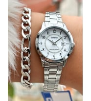 Casio Çelik Kordon,Gümüş Renk,Beyaz Rakamlı Kadran, Takvimli Kadın Kol Saati+Bileklik