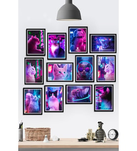 12 Parça Çerçeve Neon Görünümlü Kediler Temalı Mdf Tablo Seti (80x80 Cm)
