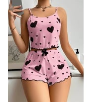 Amora Secret Pamuklu Pembe Üstüne Siyah Kalp Desenli Askılı Fitilli Şortlu Pijama Takımı